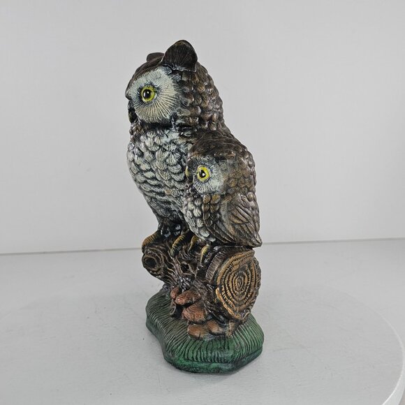 Vintage Owl Mom Baby Perched On Log With Mushrooms Figurine Hand Painted - Picture 5 of 8
